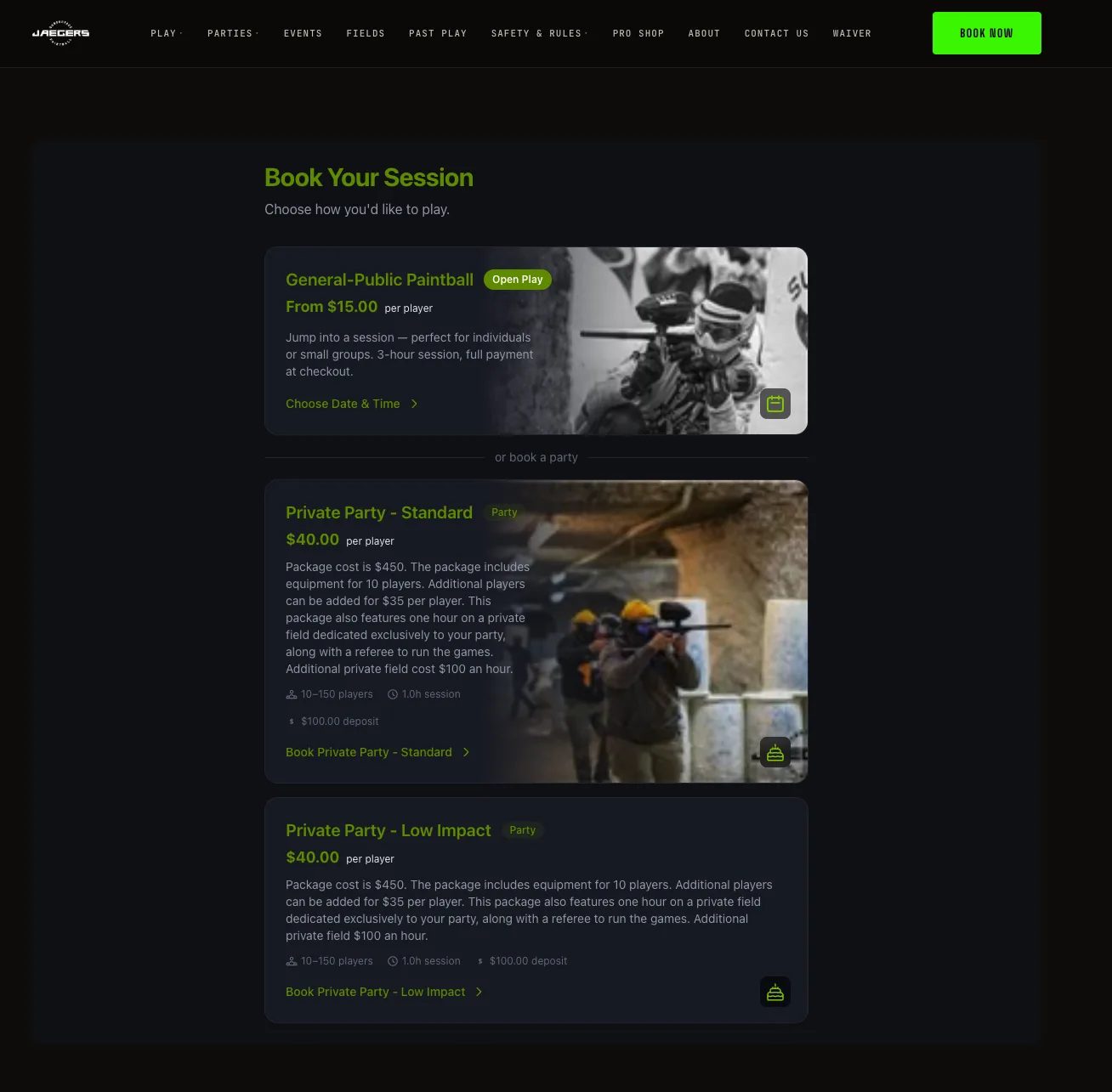 A paintball field's Book Your Session page: an open-play card from $15 per player with a Choose Date & Time link, then two private party packages at $40 per player with player range, session length, and deposit