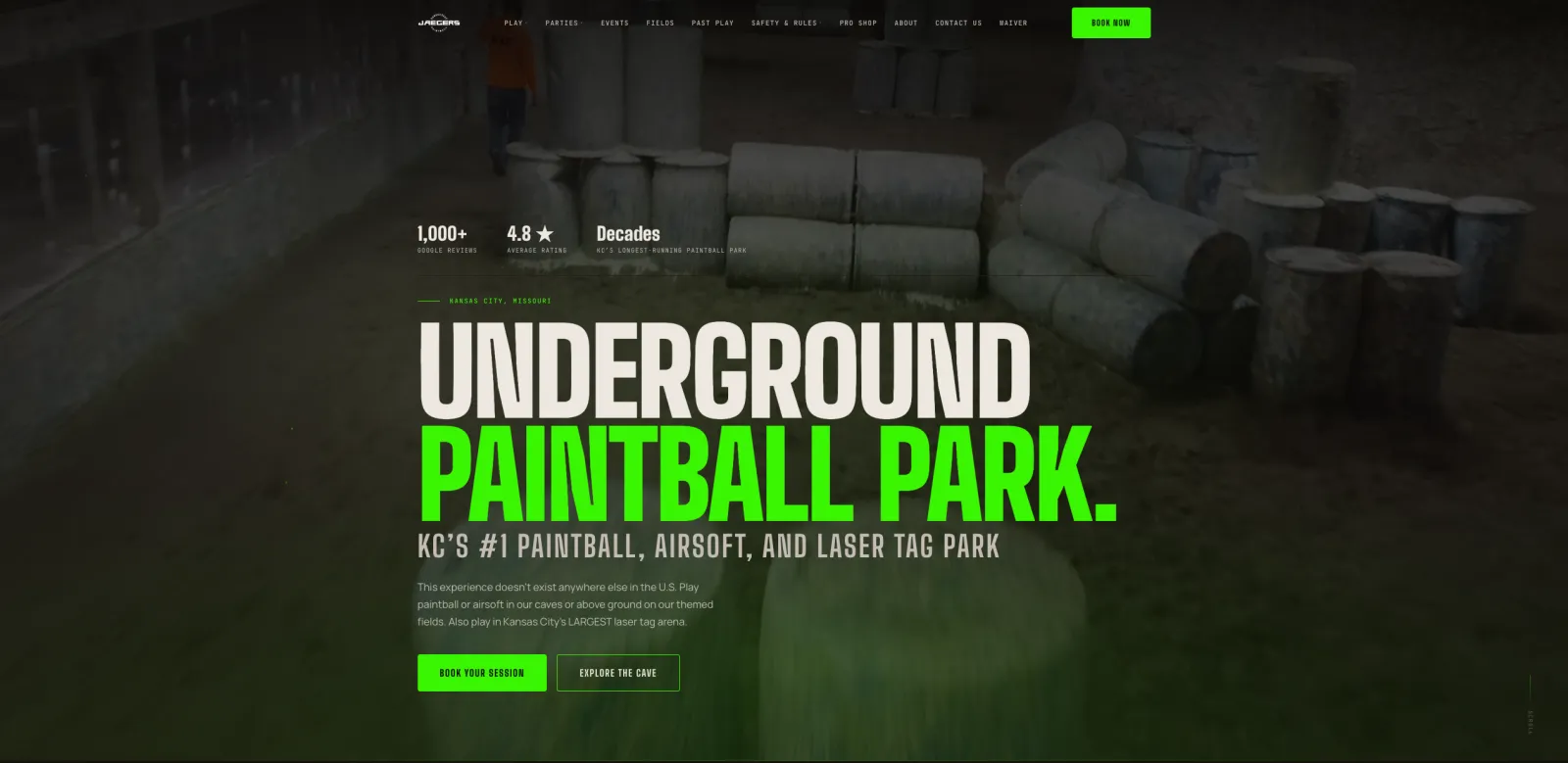 Homepage of a paintball park website: a full-screen field photo behind the headline Underground Paintball Park, review stats, and Book Your Session buttons